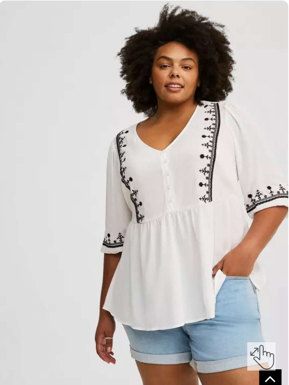 torrid White Peasant Blouse with Black Embroidery
